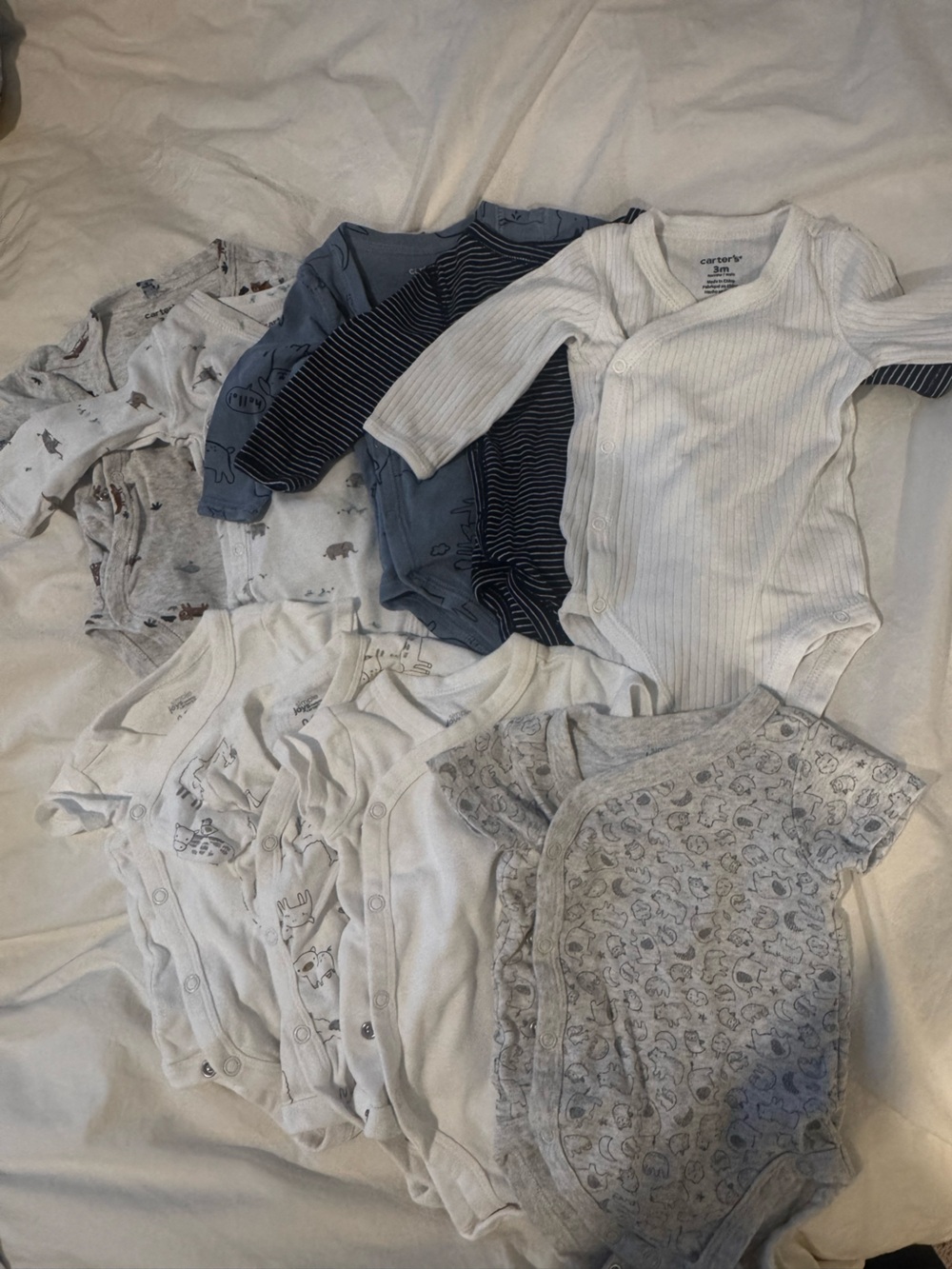Neutral Toned Baby Long-Sleeve Bodysuit Set - White, Gray & Blue